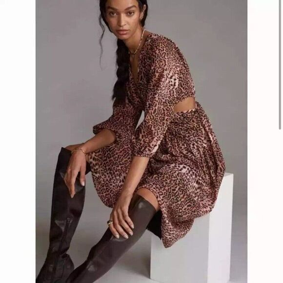 Anthropologie Ranna Gill Leopard Print Cut Out Dress Small Boho - Picture 1 of 9